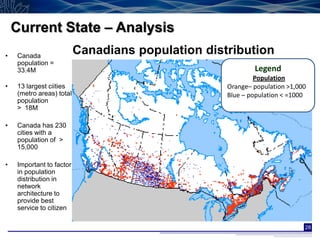Current State – Analysis
•   Canada
                          Canadians population distribution
    population =
    33.4M                                                  Legend
                                                            Population
•   13 largest ciities                             Orange– population >1,000
    (metro areas) total                            Blue – population < =1000
    population
    > 18M

•   Canada has 230
    cities with a
    population of >
    15,000

•   Important to factor
    in population
    distribution in
    network
    architecture to
    provide best
    service to citizen

                                                                           28
 
