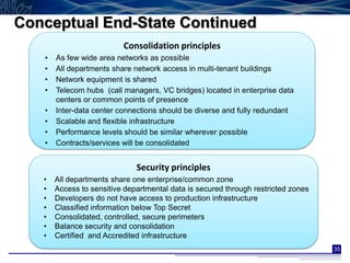 Conceptual End-State Continued
                          Consolidation principles
   •   As few wide area networks as possible
   •   All departments share network access in multi-tenant buildings
   •   Network equipment is shared
   •   Telecom hubs (call managers, VC bridges) located in enterprise data
       centers or common points of presence
   •   Inter-data center connections should be diverse and fully redundant
   •   Scalable and flexible infrastructure
   •   Performance levels should be similar wherever possible
   •   Contracts/services will be consolidated


                              Security principles
   •   All departments share one enterprise/common zone
   •   Access to sensitive departmental data is secured through restricted zones
   •   Developers do not have access to production infrastructure
   •   Classified information below Top Secret
   •   Consolidated, controlled, secure perimeters
   •   Balance security and consolidation
   •   Certified and Accredited infrastructure
                                                                                   35
 