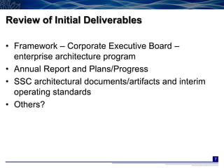 Review of Initial Deliverables

• Framework – Corporate Executive Board –
  enterprise architecture program
• Annual Report and Plans/Progress
• SSC architectural documents/artifacts and interim
  operating standards
• Others?




                                                      7
 