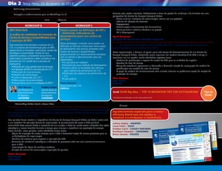 Dia 2          Terça -feira, 22 de janeiro de 2013
7:30 Technology Demonstration                                                                             11:15 Panel Discussion TALENT AND CHANGE MANAGEMENT

8:00 Recepção e credenciamento para os Workshops B e C                                                    Durante esta sessão interativa, debateremos o tema de gestão da mudança e de talentos em uma
                                                                                                          perspectiva do Centro de Serviços Compartilhados.
                                       Início 08:30 | Término 10:00                                         •	Como eliminar incertezas de comunicação interna em um projeto?
                                                                                                            •	Práticas de redução de turnover
                                                                                                            •	Engagement
                  WORKSHOP B                                            WORKSHOP C                          •	Comunicação e treinamento dos funcionários
 BPO Think Tank                                          Passo-a-passo na definição de KPI`s                •	Como garantir a máxima aderência ao projeto
                                                         – Definindo indicadores de                         •	Skills development
 A análise da viabilidade de transição do
                                                         desempenho para seu centro de                    Aglaê Gonçalves
 Centro de Serviços Compartilhados para
                                                         serviços                                         Consultora de Comunicação Estratégica Corporativa
 a operação de BPO
                                                         Nesta abordagem, entenda como podem ser
 Este workshop inicial abordará a evolução de um
                                                         definidas as métricas críticas para mensuração   12:00 Atingindo a Excelência na Gestão do CSC: Conjugação do modelo de
 CSC e o processo de transformação para um BPO,                                                           preci­ icação com o modelo de SLA´s
                                                                                                               f
                                                         de desempenho dos serviços prestados pelo
 apresentando os resultados, expectativas, revisão das
                                                         Centro de Serviços Compartilhados,               Nesta apresentação, a Visagio irá passar pelas três etapas de desenvolvimento de um Centro de
 estratégias e produtividade. Através de uma
                                                         proporcionando um relacionamento vantajoso       Serviços Compartilhados, mostrando como implantar um modelo benchmark de CSC e atingir a
 experiência prática, compreenda de que forma
                                                         com os clientes e demonstrando valor aos         excelência em sua gestão, sendo abordados aspectos como:
 potencializar os benefícios e obter a excelência nos
                                                         stakeholders.                                      •	Modelos de preci­ cação e repasse de custos do CSC para as unidades de negócio
                                                                                                                                fi
 processos do CSC através de um processo de
                                                           •	O que deve ser medido?                         •	Acordos de nível de serviço
 outsourcing
                                                           •	Ferramentas para medição de desempenho         •	Atingindo excelência operacional e educando a demanda através da conjugação do modelo de
   •	Redução de custos gerada pela terceirização           •	Como utilizar os resultados das métricas         preci­ cação aos acordos de nível de serviço
                                                                                                                   fi
   •	A operação de BPO é uma evolução do CSC?                para melhoria de perfomance do CSC
   •	Descrição do novo processo                                                                             •	O papel do modelo de relacionamento com clientes internos na profissionalização da relação de
                                                           •	Definição dos objetivos de performance do        prestação de serviços.
   •	Desafios da terceirização                               CSC
   •	Como é adequação do CSC?                                                                             Vitor Marques
                                                           •	Caso prático
   •	Mensuração da produtividade                                                                          Sócio-Diretor
   •	De que forma ocorre a consolidação do BPO?          Flávia Baraúna                                   VISAGIO
                                                         Responsável pelo CSC
          Felix Massun              Ronilson Carassini
                                                         ENDESA
          Vice-Presidente de        Gerente Sênior de
          Desenvolvimento           Desenvolvimento                                                       12:45 SSON Big Idea – TOP 10 INOVATION TIPS FOR OUTSOURCING                               Tips to
          de Negócios               de Negócios                                                                                                                                                     think!
          CAPGEMINI                 CAPGEMINI                                                             *Acompanhe atualizações no site www.cscbrasil.com


10:00 Networking Coffee Break e Demo Drive
                                                                                                          13:00 Almoço
10:30 A evolução do Centro de Serviços Compartilhados na busca de excelência
na prestação de serviços: criando e executando um roadmap para o ganho de                                 Agradecimentos especiais para o nosso
maturidade de um CSC                                                                                      Advisory Board que nos ajudou a
                                                                                                          construir e a enriquecer a conferência.
Essa palestra busca mostrar a importância do Centro de Serviços Compartilhados em definir como será
a sua trajetória de evolução dentro da organização. O planejamento de como o CSC ganhará                  Juliano Godoy – Marfrig
maturidade deve ocorrer desde o momento de sua criação, e deve ser usado como norteador das ações         Lucas Feltre – Solví
estratégias a serem tomadas durante o tempo para alcançar a excelência em prestação de serviços.          Esteban Carril – Chazey Partners
Nesse sentido, nessa palestra, serão abordados temas como:                                                Ronilsson Carassini – Capgemini
  •	Lógica de migração de novos serviços para o CSC e descentralização de outros processos para as        Breno Jácome - Visagio
    unidades/áreas da organização
  •	Melhoria de sistemas para suportar a evolução do CSC
  •	Aumento da relevância estratégica e absorção de processos cada vez mais menos transacionais
    para o CSC
  •	Implantação de lógica de melhoria contínua
  •	Criação de cultura de mensuração e apuração de ganhos
Rafael Clemente
Sócio-Diretor
ELO GROUP
 
