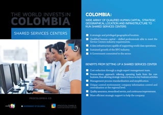 SHARED SERVICES CENTERS
COLOMBIA:
WIDE ARRAY OF QUALIFIED HUMAN CAPITAL, STRATEGIC
GEOGRAPHICAL LOCATION AND INFRASTRUCTURE TO
RUN SHARED SERVICES CENTERS
BENEFITS FROM SETTING UP A SHARED SERVICES CENTER
A strategic and privileged geographical location.
Qualified human capital – skilled professionals able to meet the
Service Centers industry requirements.
Adatainfrastructurecapableofsupportingworld-classoperations.
Sustained growth of the BPO industry.
A Government committed to the sector.
Cost reduction through a single expert management team.
Process-driven approach: relieving operating loads from the core
business,thusallowingstrategicteamstofocusonkeybusinessactivities.
Management process standardization and simplification.
Unique control environment: company information control and
centralization at the regional level.
Qualityassurance,streamlinedservice,andcontinuousimprovement.
More efficient strategic support to help the company.
Li
b ertad
y
O
r
d en
 