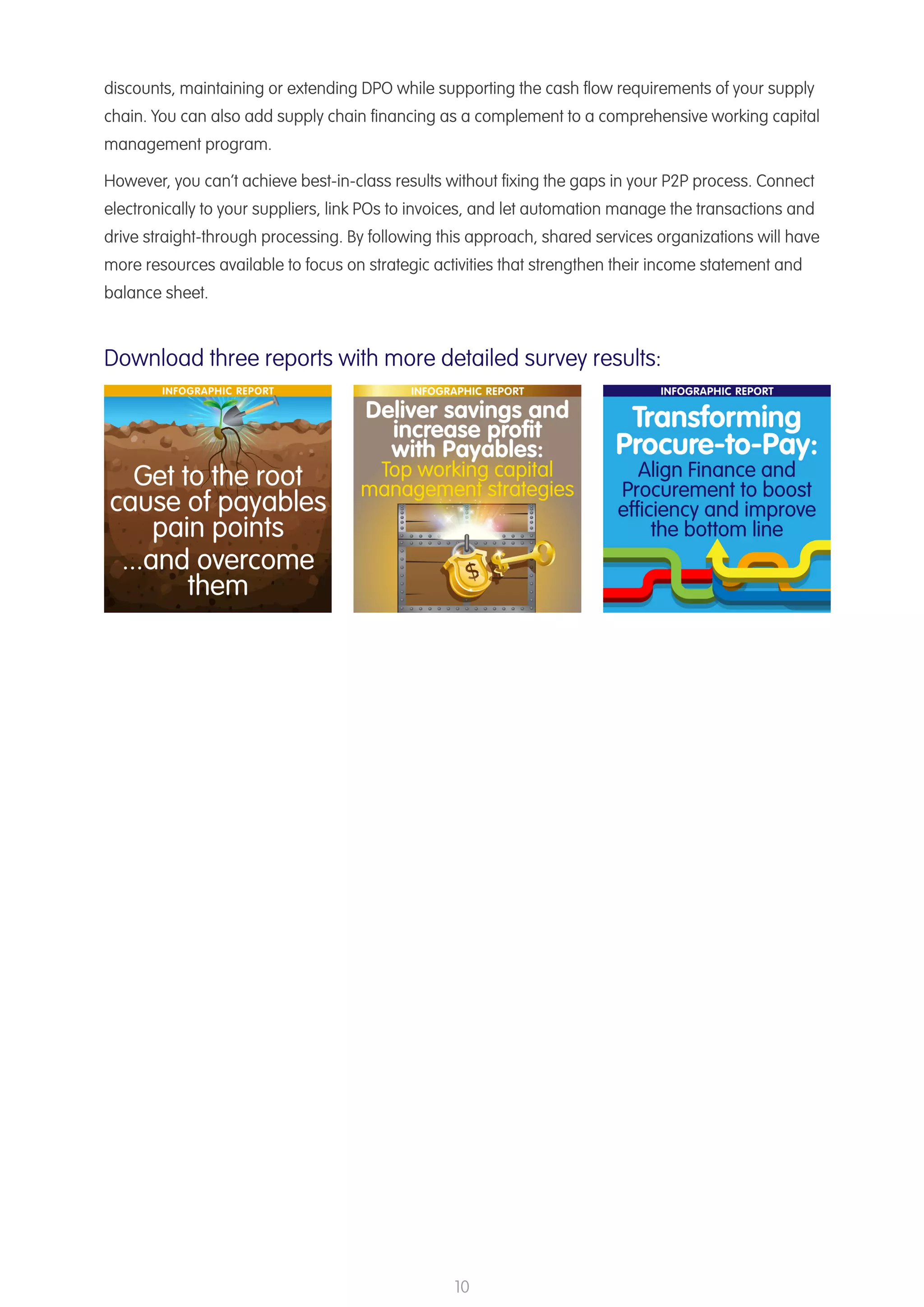 10
discounts, maintaining or extending DPO while supporting the cash flow requirements of your supply
chain. You can also add supply chain financing as a complement to a comprehensive working capital
management program.
However, you can’t achieve best-in-class results without fixing the gaps in your P2P process. Connect
electronically to your suppliers, link POs to invoices, and let automation manage the transactions and
drive straight-through processing. By following this approach, shared services organizations will have
more resources available to focus on strategic activities that strengthen their income statement and
balance sheet.
Download three reports with more detailed survey results:
 