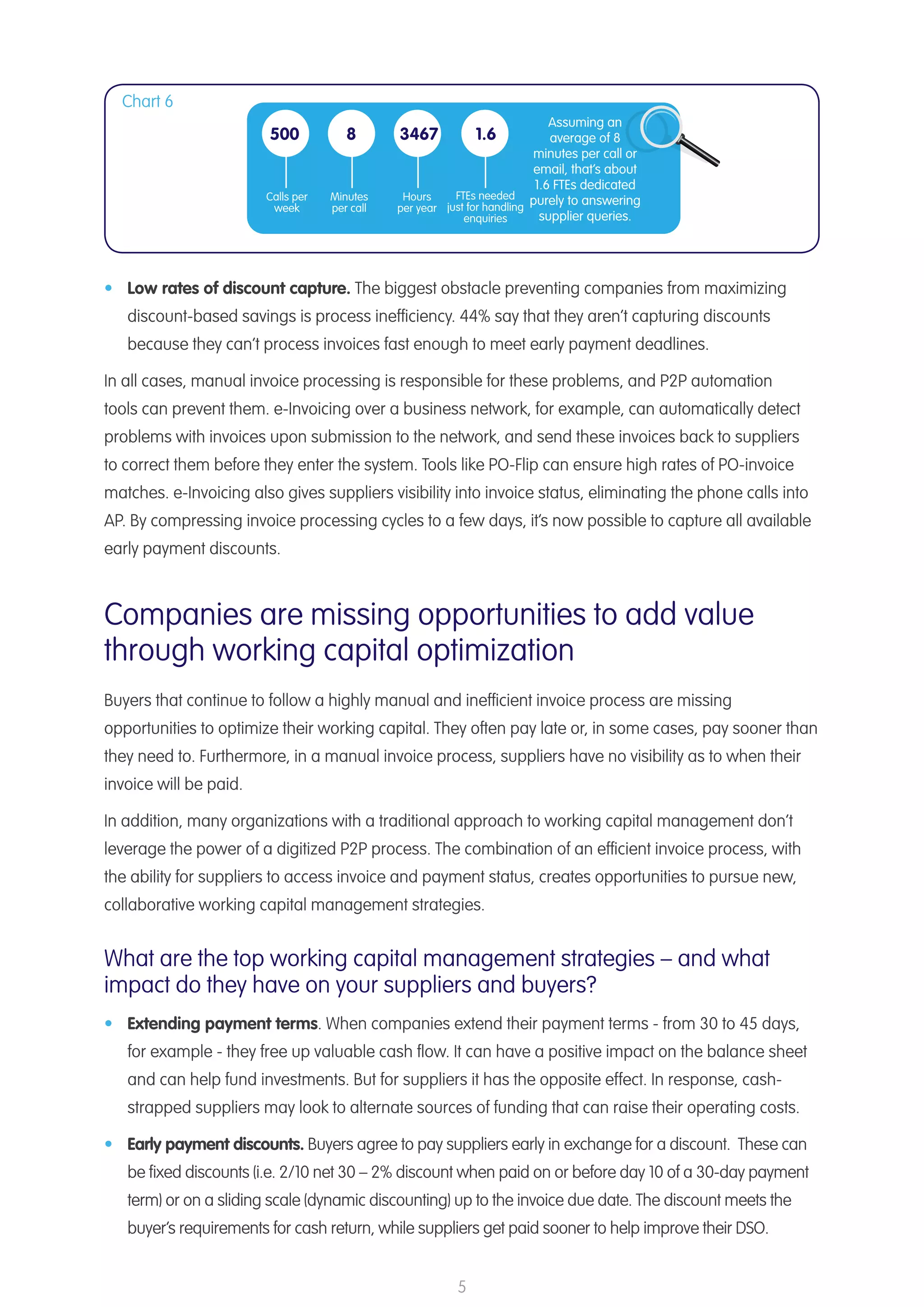 5
Companies are missing opportunities to add value
through working capital optimization
Buyers that continue to follow a highly manual and inefficient invoice process are missing
opportunities to optimize their working capital. They often pay late or, in some cases, pay sooner than
they need to. Furthermore, in a manual invoice process, suppliers have no visibility as to when their
invoice will be paid.
In addition, many organizations with a traditional approach to working capital management don’t
leverage the power of a digitized P2P process. The combination of an efficient invoice process, with
the ability for suppliers to access invoice and payment status, creates opportunities to pursue new,
collaborative working capital management strategies.
What are the top working capital management strategies – and what
impact do they have on your suppliers and buyers?
•	 Extending payment terms. When companies extend their payment terms - from 30 to 45 days,
for example - they free up valuable cash flow. It can have a positive impact on the balance sheet
and can help fund investments. But for suppliers it has the opposite effect. In response, cash-
strapped suppliers may look to alternate sources of funding that can raise their operating costs.
•	 Early payment discounts. Buyers agree to pay suppliers early in exchange for a discount. These can
be fixed discounts (i.e. 2/10 net 30 – 2% discount when paid on or before day 10 of a 30-day payment
term) or on a sliding scale (dynamic discounting) up to the invoice due date. The discount meets the
buyer’s requirements for cash return, while suppliers get paid sooner to help improve their DSO.
•	 Low rates of discount capture. The biggest obstacle preventing companies from maximizing
discount-based savings is process inefficiency. 44% say that they aren’t capturing discounts
because they can’t process invoices fast enough to meet early payment deadlines.
In all cases, manual invoice processing is responsible for these problems, and P2P automation
tools can prevent them. e-Invoicing over a business network, for example, can automatically detect
problems with invoices upon submission to the network, and send these invoices back to suppliers
to correct them before they enter the system. Tools like PO-Flip can ensure high rates of PO-invoice
matches. e-Invoicing also gives suppliers visibility into invoice status, eliminating the phone calls into
AP. By compressing invoice processing cycles to a few days, it’s now possible to capture all available
early payment discounts.
Chart 6
Calls per
week
500
Minutes
per call
8
Hours
per year
3467 1.6
FTEs needed
just for handling
enquiries
Assuming an
average of 8
minutes per call or
email, that’s about
1.6 FTEs dedicated
purely to answering
supplier queries.
 