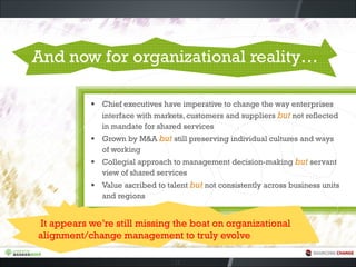And now for organizational reality…
▪ Chief executives have imperative to change the way enterprises
interface with markets, customers and suppliers but not reflected
in mandate for shared services
▪ Grown by M&A but still preserving individual cultures and ways
of working
▪ Collegial approach to management decision-making but servant
view of shared services
▪ Value ascribed to talent but not consistently across business units
and regions
17
It appears we’re still missing the boat on organizational
alignment/change management to truly evolve
 