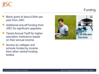Joint Information Systems Committee
Funding
 Block grant of about £40m per
year from JISC
 Additional one-off funding from
JISC for significant upgrades
 Tiered Annual Tariff for higher
education institutions based
on their annual income
 Access by colleges and
schools funded by income
from other central funding
bodies
30/01/15 | Supporting education and research | Slide 10
 