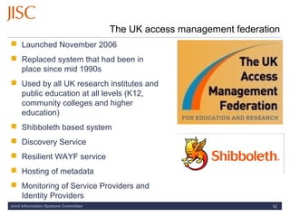 Joint Information Systems Committee 12
The UK access management federation
 Launched November 2006
 Replaced system that had been in
place since mid 1990s
 Used by all UK research institutes and
public education at all levels (K12,
community colleges and higher
education)
 Shibboleth based system
 Discovery Service
 Resilient WAYF service
 Hosting of metadata
 Monitoring of Service Providers and
Identity Providers
 