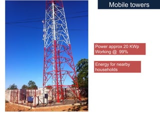 Mobile towers
Energy for nearby
households
Power approx 20 KWp
Working @ 99%
 