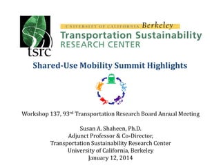 Shared-Use Mobility Summit Highlights

Workshop 137, 93rd Transportation Research Board Annual Meeting
Susan A. Shaheen, Ph.D.
Adjunct Professor & Co-Director,
Transportation Sustainability Research Center
University of California, Berkeley
January 12, 2014

 