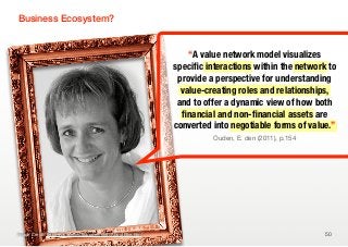 Business Ecosystem?


                                                               “A value network model visualizes
                                                           speciﬁc interactions within the network to
                                                            provide a perspective for understanding
                                                             value-creating roles and relationships,
                                                            and to offer a dynamic view of how both
                                                             ﬁnancial and non-ﬁnancial assets are
                                                           converted into negotiable forms of value.”
                                                                     Ouden, E. den (2011), p.154




Image Credit: http://www.elkedenouden.com/AboutElke.html                                           50
 