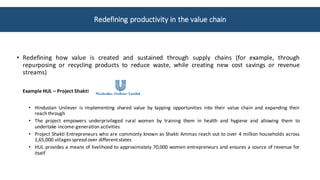 • Redefining how value is created and sustained through supply chains (for example, through
repurposing or recycling products to reduce waste, while creating new cost savings or revenue
streams)
Example HUL – Project Shakti
• Hindustan Unilever is implementing shared value by tapping opportunities into their value chain and expanding their
reach through
• The project empowers underprivileged rural women by training them in health and hygiene and allowing them to
undertake income-generation activities
• Project Shakti Entrepreneurs who are commonly known as Shakti Ammas reach out to over 4 million households across
1,65,000 villages spread over different states
• HUL provides a means of livelihood to approximately 70,000 women entrepreneurs and ensures a source of revenue for
itself
Redefining	productivity	in	the	value	chain
 