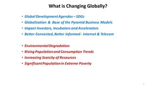3
What	is	Changing	Globally?
• Global	Development	Agendas	– SDGs	
• Globalization		&		Base	of	the	Pyramid	Business	Models
• Impact	Investors,	Incubators	and	Accelerators
• Better	Connected,	Better	Informed	- Internet	&	Telecom
• Environmental	Degradation
• Rising	Population	and	Consumption	Trends
• Increasing	Scarcity	of	Resources
• Significant	Population	in	Extreme	Poverty
 