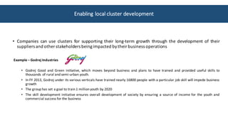• Companies can use clusters for supporting their long-term growth through the development of their
suppliers and other stakeholders beingimpacted bytheir business operations
Example – Godrej Industries
• Godrej Good and Green initiative, which moves beyond business and plans to have trained and provided useful skills to
thousands of rural and semi-urban youth.
• In FY 2013, Godrej under its various verticals have trained nearly 16800 people with a particular job skill will impede business
growth
• The group has set a goal to train 1 million youth by 2020
• The skill development initiative ensures overall development of society by ensuring a source of income for the youth and
commercial success for the business
Enabling	local	cluster	development	
 
