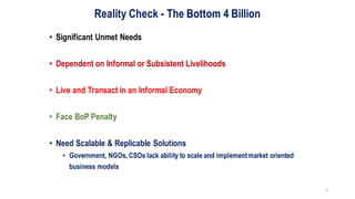 5
Reality Check - The Bottom 4 Billion
• Significant Unmet Needs
• Dependent on Informal or Subsistent Livelihoods
• Live and Transact in an Informal Economy
• Face BoP Penalty
• Need Scalable & Replicable Solutions
• Government, NGOs, CSOs lack ability to scale and implementmarket oriented
business models
 