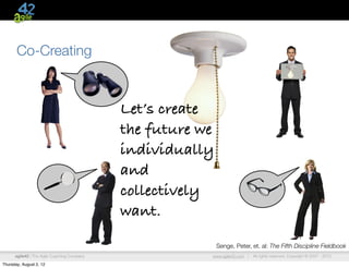 Co-Creating



                                             Let’s create
                                             the future we
                                             individually
                                             and
                                             collectively
                                             want.

                                                             Senge, Peter, et. al: The Fifth Discipline Fieldbook
      agile42 | The Agile Coaching Company               www.agile42.com |   All rights reserved. Copyright © 2007 - 2012.

Thursday, August 2, 12
 