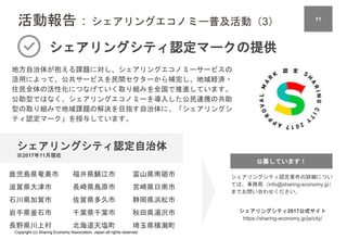 Copyright (c) Sharing Economy Association, Japan all rights reserved.
活動報告：シェアリングエコノミー普及活動（3）
シェアリングシティ認定マークの提供
地方自治体が抱える課題に対し、シェアリングエコノミーサービスの
活用によって、公共サービスを民間セクターから補完し、地域経済・
住民全体の活性化につなげていく取り組みを全国で推進しています。
公助型ではなく、シェアリングエコノミーを導入した公民連携の共助
型の取り組みで地域課題の解決を目指す自治体に、「シェアリングシ
ティ認定マーク」を授与しています。
シェアリングシティ認定自治体
※2017年11月現在
シェアリングシティ2017公式サイト
https://sharing-economy.jp/ja/city/
シェアリングシティ認定要件の詳細につい
ては、事務局（info@sharing-economy.jp）
までお問い合わせください。
鹿児島県奄美市
滋賀県大津市
石川県加賀市
岩手県釜石市
長野県川上村
富山県南砺市
宮崎県日南市
静岡県浜松市
秋田県湯沢市
埼玉県横瀬町
公募しています！
11
福井県鯖江市
長崎県島原市
佐賀県多久市
千葉県千葉市
北海道天塩町
 