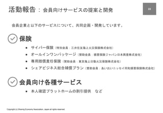 Copyright (c) Sharing Economy Association, Japan all rights reserved.
活動報告：会員向けサービスの提案と開発
会員企業と以下のサービスについて、共同企画・開発しています。
保険
● サイバー保険（特別会員：三井住友海上火災保険株式会社）
● オールインワンパッケージ（賛助会員：損害保険ジャパン日本興亜株式会社）
● 専用賠償責任保険（賛助会員：東京海上日動火災保険株式会社）
● シェアビジネス総合補償プラン（賛助会員：あいおいニッセイ同和損害保険株式会社）
会員向け各種サービス
● 本人確認プラットホームの割引提供 など
22
 