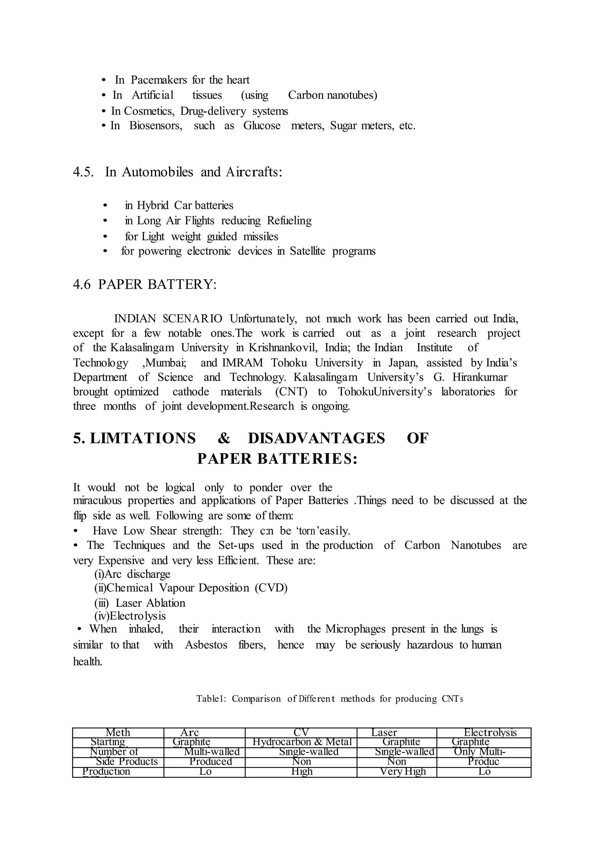 • In Pacemakers for the heart
• In Artificial tissues (using Carbon nanotubes)
• In Cosmetics, Drug-delivery systems
• In Biosensors, such as Glucose meters, Sugar meters, etc.
4.5. In Automobiles and Aircrafts:
• in Hybrid Car batteries
• in Long Air Flights reducing Refueling
• for Light weight guided missiles
• for powering electronic devices in Satellite programs
4.6 PAPER BATTERY:
INDIAN SCENARIO Unfortunately, not much work has been carried out India,
except for a few notable ones.The work is carried out as a joint research project
of the Kalasalingam University in Krishnankovil, India; the Indian Institute of
Technology ,Mumbai; and IMRAM Tohoku University in Japan, assisted by India’s
Department of Science and Technology. Kalasalingam University’s G. Hirankumar
brought optimized cathode materials (CNT) to TohokuUniversity’s laboratories for
three months of joint development.Research is ongoing.
5. LIMTATIONS & DISADVANTAGES OF
PAPER BATTERIES:
It would not be logical only to ponder over the
miraculous properties and applications of Paper Batteries .Things need to be discussed at the
flip side as well. Following are some of them:
• Have Low Shear strength: They c:n be ‘torn’easily.
• The Techniques and the Set-ups used in the production of Carbon Nanotubes are
very Expensive and very less Efficient. These are:
(i)Arc discharge
(ii)Chemical Vapour Deposition (CVD)
(iii) Laser Ablation
(iv)Electrolysis
• When inhaled, their interaction with the Microphages present in the lungs is
similar to that with Asbestos fibers, hence may be seriously hazardous to human
health.
Table1: Comparison of Different methods for producing CNTs
Meth
od
Arc
Discharge
CV
D
Laser
Ablation
Electrolysis
Starting
Material
Graphite
Electrodes
Hydrocarbon & Metal
catalyst
Graphite Graphite
ElectrodesNumber of
Walls
Multi-walled Single-walled Single-walled Only Multi-
walledSide Products Produced Non
e
Non
e
Produc
edProduction
Efficiency
Lo
w
High
er
Very High Lo
w
 