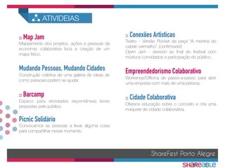 ShareFest Porto Alegre
ATIVIDEIAS
:: Map Jam
Mapeamento dos projetos, ações e pessoas da
economia colaborativa loca e criação de um
mapa físico.

Mudando Pessoas, Mudando Cidades 
Construção coletiva de uma galeria de ideas de
como pessoas podem se ajudar.

:: Barcamp 
Espaco para atividades expontâneas livres
propostas pelo público.

Picnic Solidário
Convocamos as pessoas a levar alguma coisa
para compartilhar nesse momento.
:: Conexões Artísticas
Teatro - Versão Pocket da peça “A menina do
cabelo vermelho”. (conﬁrmada!)
Open Jam - session ao ﬁnal do festival com
músicos convidados e participação do público.

Empreendedorismo Colaborativo
Workshop/Oﬃcina de passo-a-passo para abrir
uma empresa com mais de uma pessoa.

:: Cidade Colaborativa
Oferece educação sobre o conceito e cria uma
maquete de cidade colaborativa.

 