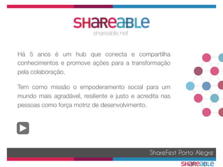 Há 5 anos é um hub que conecta e compartilha
conhecimentos e promove ações para a transformação
pela colaboração. 
Tem como missão o empoderamento social para um
mundo mais agradável, resiliente e justo e acredita nas
pessoas como força motriz de desenvolvimento.
shareable.net
ShareFest Porto Alegre
 