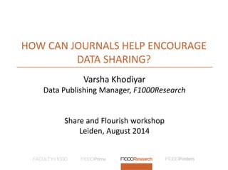 HOW CAN JOURNALS HELP ENCOURAGE 
DATA SHARING? 
Varsha Khodiyar 
Data Publishing Manager, F1000Research 
Share and Flourish workshop 
Leiden, August 2014 
 