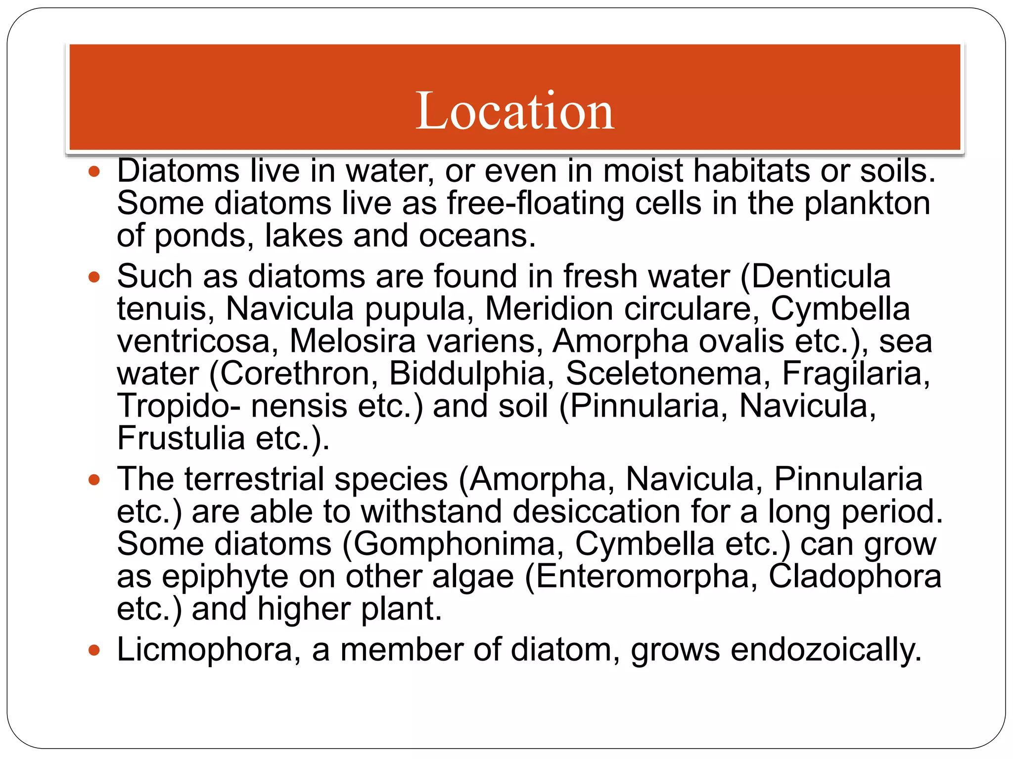 Location
 Diatoms live in water, or even in moist habitats or soils.
Some diatoms live as free-floating cells in the plankton
of ponds, lakes and oceans.
 Such as diatoms are found in fresh water (Denticula
tenuis, Navicula pupula, Meridion circulare, Cymbella
ventricosa, Melosira variens, Amorpha ovalis etc.), sea
water (Corethron, Biddulphia, Sceletonema, Fragilaria,
Tropido- nensis etc.) and soil (Pinnularia, Navicula,
Frustulia etc.).
 The terrestrial species (Amorpha, Navicula, Pinnularia
etc.) are able to withstand desiccation for a long period.
Some diatoms (Gomphonima, Cymbella etc.) can grow
as epiphyte on other algae (Enteromorpha, Cladophora
etc.) and higher plant.
 Licmophora, a member of diatom, grows endozoically.
 