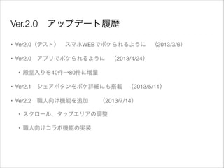 Ver.2.0 アップデート履歴
• Ver2.0（テスト） スマホWEBでボケられるように （2013/3/6）

• Ver2.0 アプリでボケられるように （2013/4/24）

• 殿堂入りを40件→80件に増量

• Ver2.1 シェアボタンをボケ詳細にも搭載 （2013/5/11）

• Ver2.2 職人向け機能を追加  （2013/7/14）

• スクロール、タップエリアの調整

• 職人向けコラボ機能の実装

 