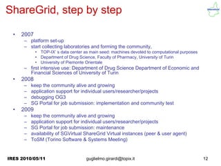 ShareGrid, step by step

  •   2007
      – platform set-up
      – start collecting laboratories and forming the community,
             • TOP-IX’ s data center as main seed: machines devoted to computational purposes
             • Department of Drug Science, Faculty of Pharmacy, University of Turin
             • University of Piemonte Orientale
      – first intensive use: Department of Drug Science Department of Economic and
        Financial Sciences of University of Turin
  •   2008
      –   keep the community alive and growing
      –   application support for individual users/researcher/projects
      –   debugging OG3
      –   SG Portal for job submission: implementation and community test
  •   2009
      –   keep the community alive and growing
      –   application support for individual users/researcher/projects
      –   SG Portal for job submission: maintenance
      –   availability of SGVirtual ShareGrid Virtual instances (peer & user agent)
      –   ToSM (Torino Software & Systems Meeting)


IRES 2010/05/11                       guglielmo.girardi@topix.it                                12
 