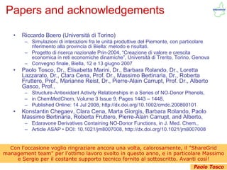 Papers and acknowledgements

   •   Riccardo Boero (Università di Torino)
        – Simulazioni di interazioni fra le unità produttive del Piemonte, con particolare
          riferimento alla provincia di Biella: metodo e risultati.
        – Progetto di ricerca nazionale Prin-2004, “Creazione di valore e crescita
          economica in reti economiche dinamiche”, Università di Trento, Torino, Genova
        – Convegno finale, Biella, 12 e 13 giugno 2007
   •   Paolo Tosco, Dr., Elisabetta Marini, Dr., Barbara Rolando, Dr., Loretta
       Lazzarato, Dr., Clara Cena, Prof. Dr., Massimo Bertinaria, Dr., Roberta
       Fruttero, Prof., Marianne Reist, Dr., Pierre-Alain Carrupt, Prof. Dr., Alberto
       Gasco, Prof.,
        – Structure-Antioxidant Activity Relationships in a Series of NO-Donor Phenols,
        – in ChemMedChem, Volume 3 Issue 9, Pages 1443 – 1448,
        – Published Online: 14 Jul 2008, http://dx.doi.org/10.1002/cmdc.200800101
   •   Konstantin Chegaev, Clara Cena, Marta Giorgis, Barbara Rolando, Paolo
       Massimo Bertinaria, Roberta Fruttero, Pierre-Alain Carrupt, and Alberto,
        – Edaravone Derivatives Containing NO-Donor Functions, in J. Med. Chem.,
        – Article ASAP • DOI: 10.1021/jm8007008, http://dx.doi.org/10.1021/jm8007008


  Con l'occasione voglio ringraziare ancora una volta, calorosamente, il "ShareGrid
management team" per l'ottimo lavoro svolto in questo anno, e in particolare Massimo
    e Sergio per il costante supporto tecnico fornito al sottoscritto. Avanti così!
 IRES 2010/05/11                    guglielmo.girardi@topix.it                            30
                                                                                   Paolo Tosco
 