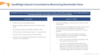 4 SandRidge Energy, Inc. NYSE: SD
SandRidge’s Board is Committed to Maximizing ShareholderValue
• Continue to improve operating plan
• Review strategic alternatives for the Company and its
assets
• Thoroughly evaluate all credible acquisition offers
• Further explore individual asset sales or JV opportunities
• Include Icahn on equal basis with other bidders
• Execute on the strategic alternative that maximizes the
value for ALL shareholders
• Acquire SandRidge in a process that is unfair to other
shareholders
• Potentially deny SandRidge shareholders the fair value
for the business by consolidating control of the
Company without providing an appropriate control
premium
• Deter competition from other bidders by placing
current and former Icahn employees on the Board,
thus disrupting the current process
‒ Icahn’s nominees have limited experience with
the upstream oil & gas sector
‒ An Icahn-controlled Board likely deters third
parties from undertaking the time and expense
required to provide a competitive offer for the
Company or its assets, because such a process
would be rigged, either in perception or reality
Our Plan Icahn’s Plan
We believe a process overseen by the current Board, with decades of industry-specific M&A experience, has the highest likelihood of
maximizing shareholder value relative to a process run by Icahn nominees
 
