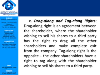 CHENNAI

                                    c. Drag-along and Tag-along Rights:
3rd Floor, ‘Creative Enclave’,

148-150, Luz Church Road,


                                 Drag-along right is an agreement between
         Mylapore,
    Chennai - 600 004.
 Tel: +91 - 44 - 2498 4821

      BANGALORE
    Suite 920, Level 9,
      Raheja Towers,
                                 the shareholder, where the shareholder
     26-27, M G Road,
   Bangalore - 560 001.
 Tel: +91 - 80 - 6546 2400
                                 wishing to sell his shares to a third party
      COIMBATORE
    BB1, Park Avenue,
                                 has the right to drag all the other
                                 shareholders and make complete exit
 # 48, Race Course Road,
   Coimbatore - 641018.
 Tel: +91 - 422 – 6552921


                                 from the company. Tag-along right is the
                                 opposite - the other shareholders have a
                                 right to tag along with the shareholder
           EMAIL
 info@altacit.com                wishing to sell his shares to a third party.
         WEBSITE
 www.altacit.com
 