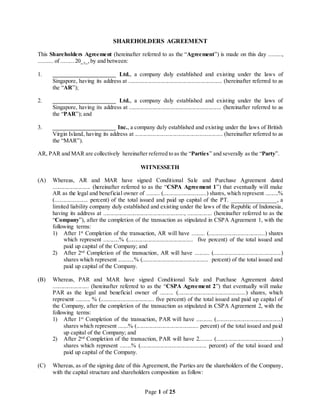 Page 1 of 25
SHAREHOLDERS AGREEMENT
This Shareholders Agreement (hereinafter referred to as the “Agreement”) is made on this day .........,
.......... of ......... 20_,_,by and between:
1. ______________________ Ltd., a company duly established and existing under the laws of
Singapore, having its address at ................................................................. (hereinafter referred to as
the “AR”);
2. ______________________ Ltd., a company duly established and existing under the laws of
Singapore, having its address at ................................................................ (hereinafter referred to as
the “PAR”); and
3. ______________________ Inc., a company duly established and existing under the laws of British
Virgin Island, having its address at ............................................................. (hereinafter referred to as
the “MAR”).
AR, PAR and MAR are collectively hereinafter referred to as the “Parties” and severally as the “Party”.
WITNESSETH
(A) Whereas, AR and MAR have signed Conditional Sale and Purchase Agreement dated
.......................... (hereinafter referred to as the “CSPA Agreement 1”) that eventually will make
AR as the legal and beneficial owner of ......... (..............................) shares, which represent .........%
(....................... percent) of the total issued and paid up capital of the PT. ________________, a
limited liability company duly established and existing under the laws of the Republic of Indonesia,
having its address at ........................................................, ................. (hereinafter referred to as the
“Company”), after the completion of the transaction as stipulated in CSPA Agreement 1, with the
following terms:
1) After 1st
Completion of the transaction, AR will have ......... (.......................................) shares
which represent ...........% (............................................. five percent) of the total issued and
paid up capital of the Company; and
2) After 2nd
Completion of the transaction, AR will have .......... (...............................................)
shares which represent ...........% (.............................................. percent) of the total issued and
paid up capital of the Company.
(B) Whereas, PAR and MAR have signed Conditional Sale and Purchase Agreement dated
......................... (hereinafter referred to as the “CSPA Agreement 2”) that eventually will make
PAR as the legal and beneficial owner of ......... (...............................................) shares, which
represent .......... % (..................................... five percent) of the total issued and paid up capital of
the Company, after the completion of the transaction as stipulated in CSPA Agreement 2, with the
following terms:
1) After 1st
Completion of the transaction, PAR will have ........... (.............................................)
shares which represent .......% (........................................... percent) of the total issued and paid
up capital of the Company; and
2) After 2nd
Completion of the transaction, PAR will have 2......... (.............................................)
shares which represent ........% (.............................................. percent) of the total issued and
paid up capital of the Company.
(C) Whereas, as of the signing date of this Agreement, the Parties are the shareholders of the Company,
with the capital structure and shareholders composition as follow:
 