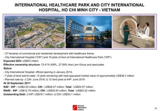 (9)
- 37 hectares of commercial and residential development with healthcare theme
- City International Hospital (“CIH”) and 19 plots of land at International Healthcare Park (“IHP”)
Expected GDV: US$43 million
Effective ownership structure: 72.41% ASPL, 27.59% Hoa Lam Group and associates
Status:
- City International Hospital; official opening in January 2014;
- 7 plots of land sold to-date; 12 plots remaining with total appraised market value of approximately US$38.3 million
- Planned sale by: i) CIH: June 2018; ii) 12 land plots at IHP: June 2019
At 30 September 2017:
NAV : IHP : -US$4.20 million; CIH : US$28.27 million; Total : US$24.07 million
RNAV : IHP : US$12.79 million; CIH : US$30.43 million; Total : US$43.22 million
Outstanding Debt: i) IHP: US$18.1 million; ii) CIH: US$33.1 million
INTERNATIONAL HEALTHCARE PARK AND CITY INTERNATIONAL
HOSPITAL, HO CHI MINH CITY - VIETNAM
 