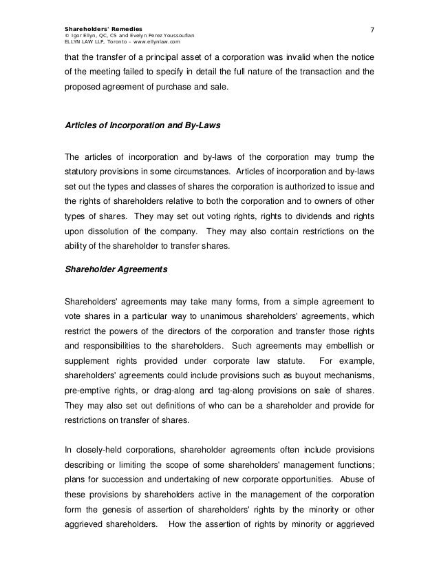 shareholders remedies in canada 2012 sample shareholder agreement closely held corporation