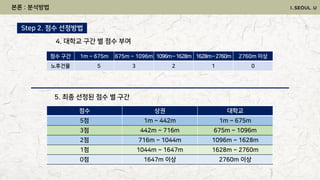 본론 : 분석방법
점수 상권 대학교
5점 1m ~ 442m 1m ~ 675m
3점 442m ~ 716m 675m ~ 1096m
2점 716m ~ 1044m 1096m ~ 1628m
1점 1044m ~ 1647m 1628m ~ 2760m
0점 1647m 이상 2760m 이상
Step 2. 점수 선정방법
점수 구간 1m ~ 675m 675m ~ 1096m 1096m~1628m 1628m~2760m 2760m 이상
노후건물 5 3 2 1 0
4. 대학교 구간 별 점수 부여
5. 최종 선정된 점수 별 구간
 