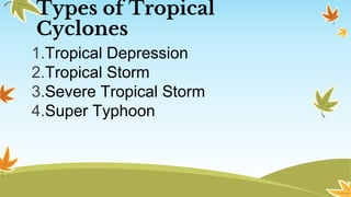 Types of Tropical
Cyclones
1.Tropical Depression
2.Tropical Storm
3.Severe Tropical Storm
4.Super Typhoon
 
