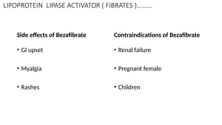 LIPOPROTEIN LIPASE ACTIVATOR ( FIBRATES )………
Side effects of Bezafibrate
• GI upset
• Myalgia
• Rashes
Contraindications of Bezafibrate
• Renal failure
• Pregnant female
• Children
 