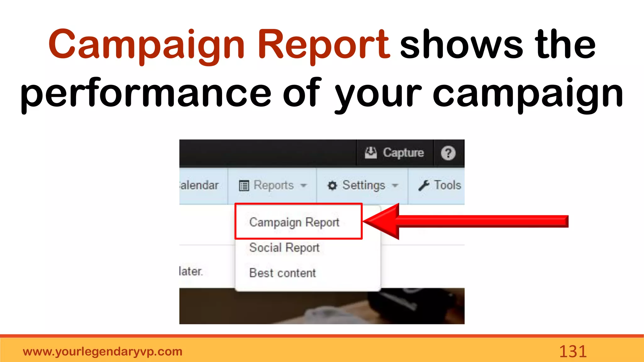 www.yourlegendaryvp.com 131
Campaign Report shows the
performance of your campaign
 