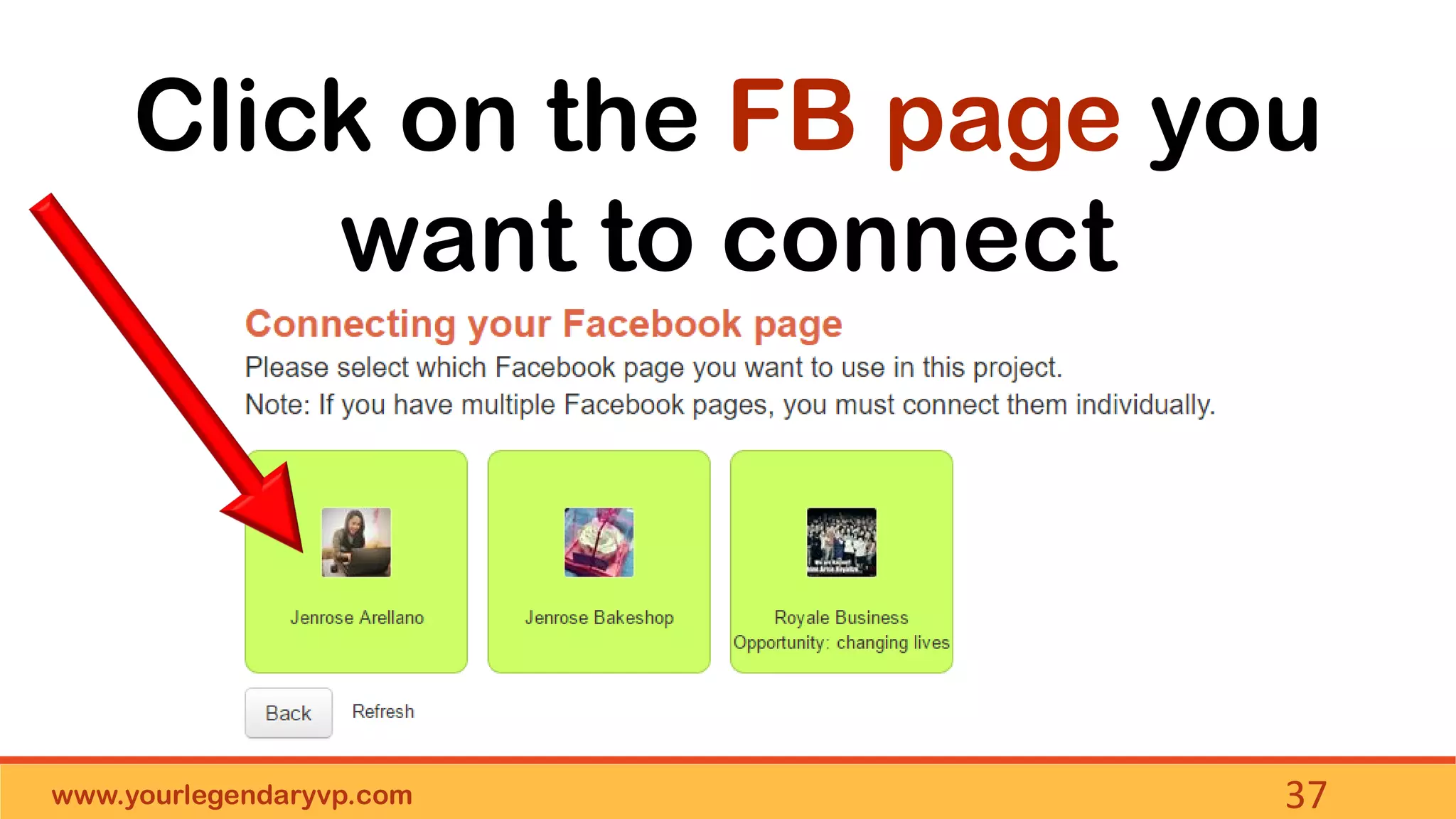 www.yourlegendaryvp.com 37
Click on the FB page you
want to connect
 
