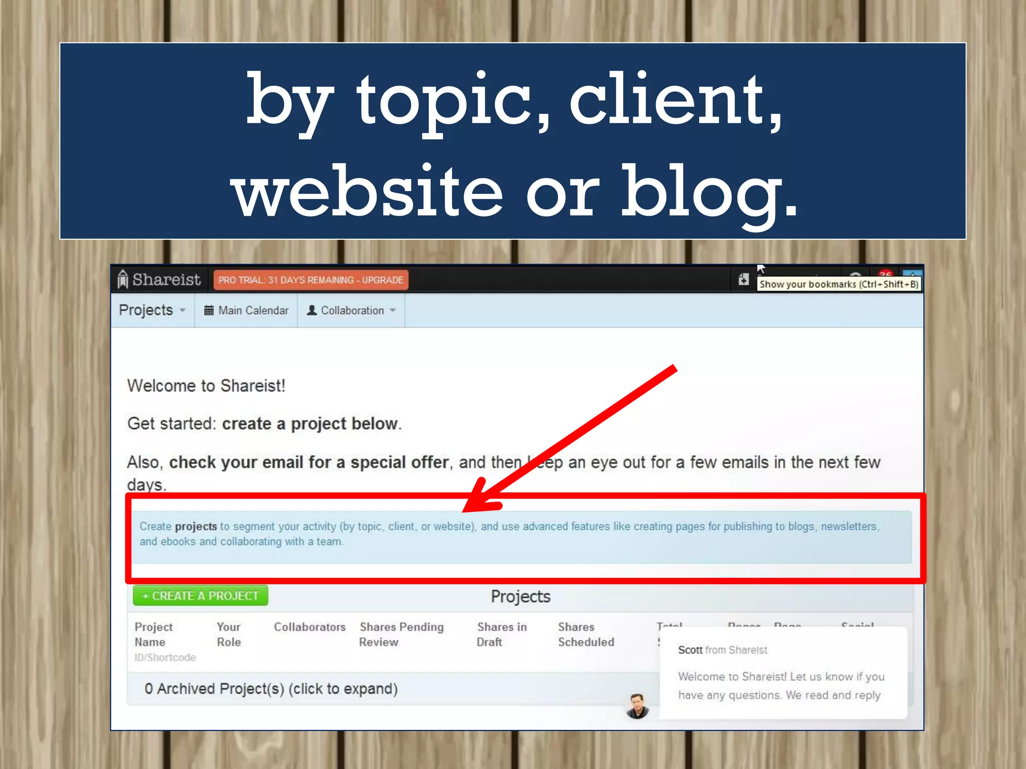 by topic, client,
website or blog.
 