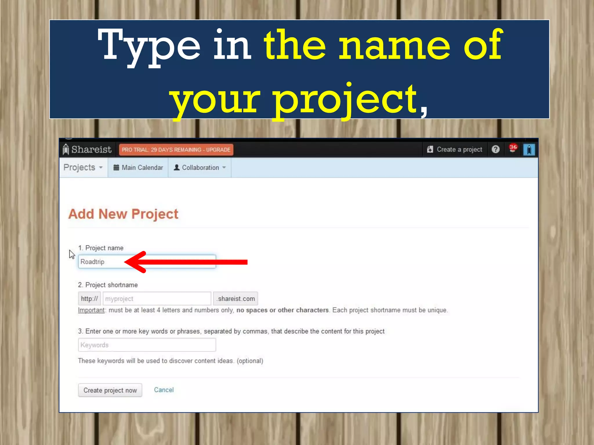 Type in the name of
your project,
 