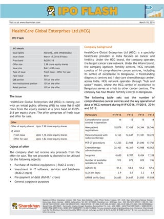sharekhan ipo flash	 HealthCare Global Enterprises Ltd (HCG)
Sharekhan March 10, 20161
HealthCare Global Enterprises Ltd (HCG)
IPO Flash
Visit us at www.sharekhan.com	 March 10, 2016
The issue
HealthCare Global Enterprises Ltd (HCG) is coming out
with an initial public offering (IPO) to raise Rs611-650
crore from the equity market at a price band of Rs205-
218 per equity share. The offer comprises of fresh issue
and offer for sale.
Offer
Offer of equity shares Upto 2.98 crore equity shares
of which
Fresh issue Upto 1.16 crore equity shares
Offer for sale Upto 1.82 crore equity shares
Object of offer
The company shall not receive any proceeds from the
offer for sale. The net proceeds is planned to be utilised
for the following objects:
ŠŠ 	Purchase of medical equipments (~Rs42.2 crore)
ŠŠ 	Investment in IT software, services and hardware
(Rs30.2 crore)
ŠŠ 	Pre-payment of debt (Rs147.1 crore)
ŠŠ 	General corporate purposes
Registered Office: Sharekhan Limited, 10th Floor, Beta Building, Lodha iThink Techno Campus, Off. JVLR, Opp. Kanjurmarg Railway Station,
Kanjurmarg (East), Mumbai – 400042, Maharashtra. Tel: 022 - 61150000. Sharekhan Ltd.: SEBI Regn. Nos.: BSE: INB/INF011073351 / BSE-CD ; NSE:
INB/INF/INE231073330 ; MSEI: INB/INF261073333 / INE261073330 ; DP: NSDL-IN-DP-NSDL-233-2003 ; CDSL-IN-DP-CDSL-271-2004 ; PMS-INP000000662;
Mutual Fund-ARN 20669 ; Commodity trading through Sharekhan Commodities Pvt. Ltd.: MCX-10080 ; (MCX/TCM/CORP/0425) ; NCDEX-00132 ;
(NCDEX/TCM/CORP/0142) ; NCDEX SPOT-NCDEXSPOT/116/CO/11/20626 ; For any complaints email at igc@sharekhan.com ; Disclaimer: Client should
read the Risk Disclosure Document issued by SEBI & relevant exchanges and Do’s & Don’ts by MCX & NCDEX and the T & C on www.sharekhan.com
before investing.
IPO details
Issue opens March16, 2016 (Wednesday)
Issue closes March 18, 2016 (Friday)
Price band Rs205-218
Offer size 2.98 crore equity shares
Issue size Rs611-650 crore
Type of issue Fresh issue + Offer for sale
Face value Rs10
QIB portion 75% of the offer
Non-institutional portion 15% of the offer
Retail portion 10% of the offer
Company background
HealthCare Global Enterprises Ltd (HCG) is a specialty
healthcare provider in India focused on cancer and
fertility. Under the HCG brand, the company operates
the largest cancer care network. Under the Milann brand,
the company operates fertility centres. HCG network
consists of 14 comprehensive cancer centres, including
its centre of excellence in Bengaluru, 4 freestanding
diagnostic centres and 1 day-care chemotherapy centre,
across India. HCG network operates through “hub and
spoke” model, where the HCG centre of excellence in
Bengaluru serves as a hub to other cancer centres. The
company has four Milann fertility centres in Bengaluru.
The following table sets out the number of
comprehensive cancer centres and the key operational
data of HCG network during H1FY2016, FY2015, 2014
and 2013:
Particulars H1FY16 FY15 FY14 FY13
Comprehensive cancer
centres in operation
14 15 15 14
New patient
registrations
18,079 37,458 34,344 28,546
Patients treated with
radiation therapy
6,163 12,647 11,181 10,225
PET-CT procedures 12,253 23,988 21,040 17,750
Chemotherapy
administrations
25,453 48,360 43,988 40,052
Surgeries 4,630 8,707 8,454 7,333
Number of available
operational beds
912 875 829 746
AOR (in %) 51.6 53.5 54.2 57.6
ALOS (in days) 2.9 3.0 3.2 3.4
ARPOB (in Rs/Day) 26,685 24,647 21,850 19,034
 