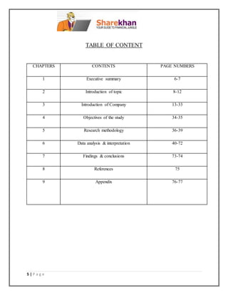 5 | P a g e
TABLE OF CONTENT
CHAPTERS CONTENTS PAGE NUMBERS
1 Executive summary 6-7
2 Introduction of topic 8-12
3 Introduction of Company 13-33
4 Objectives of the study 34-35
5 Research methodology 36-39
6 Data analysis & interpretation 40-72
7 Findings & conclusions 73-74
8 References 75
9 Appendix 76-77
 