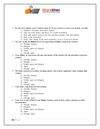 80 | P a g e
3. If your investments were to fall in value by 15 per cent over a one-year period, you will
a) withdraw all money from share market
b) Take out some money and move it to a safer investment.
c) Wait until market recovers the loss and then consider other investments.
d) Stick to the investment.
e) Invest more money in the same investment as it is 15 per cent cheaper
4. You are ready for limited losses in expectation of higher long-term returns?
a) Strongly disagree
b) Disagree
c) Neither agree nor disagree
d) Agree
e) strongly agree
5. I am willing to experience the ups and downs of the market for the potential of greater
returns.
a) Strongly disagree
b) Disagree
c) Neither agree nor disagree
d) Agree
e) Strongly agree
6. My main concern is security; keeping money safe is more important than earning high
returns.
a) Strongly disagree.
b) Disagree.
c) Neither agree nor disagree.
d) Agree.
e) Strongly agree.
7. I am fairly experienced in investment.
a) Strongly disagree.
b) Disagree.
c) Neither agree nor disagree.
d) Agree.
e) Strongly agree.
8. I am very secure related to my future income (such as from salary, pension or other
investments)?
a) Strongly disagree.
b) Disagree.
c) Neither agree nor disagree.
d) Agree.
e) Strongly agree.
 