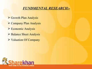 FUNDMENTAL RESEARCH:- Growth Plan Analysis Company Plan Analysis Economic Analysis  Balance Sheet Analysis  Valuation Of Company 