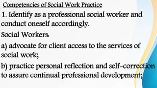 Competencies of Social Work Practice
1. Identify as a professional social worker and
conduct oneself accordingly.
Social Workers:
a) advocate for client access to the services of
social work;
b) practice personal reflection and self-correction
to assure continual professional development;
 