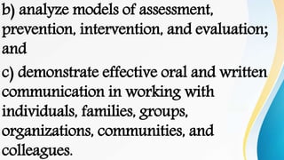 b) analyze models of assessment,
prevention, intervention, and evaluation;
and
c) demonstrate effective oral and written
communication in working with
individuals, families, groups,
organizations, communities, and
colleagues.
 