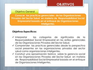 OBJETIVOS
Conocer las practicas gerenciales de las Organizaciones
Privadas del Sector Salud en materia de Responsabilidad Social
Empresarial basado en el enfoque de Organizaciones
Inteligentes.
Objetivos Específicos:
 Interpretar las categorías de significados de la
Responsabilidad Social Empresarial en los estilos gerenciales
de las Organizaciones Privadas del Sector Salud.
 Comprender las practicas gerenciales desde la perspectiva
social presentes en las organizaciones privadas del sector
salud como organizaciones inteligentes.
 Construir una aproximación teórica sobre la gerencia social
en las Organizaciones Privadas del Sector Salud en materia
de Responsabilidad Social Empresarial basado en el enfoque
de Organizaciones Inteligentes.
Objetivo General
 