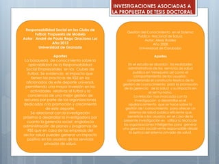 INVESTIGACIONES ASOCIADAS A
LA PROPUESTA DE TESIS DOCTORAL
Responsabilidad Social en los Clubs de
Futbol: Propuesta de Modelo
Autor: André de Paula Rego Graciano Luz
Año:2012
Universidad de Granada
Aportes
La búsqueda de conocimiento sobre la
aplicabilidad de la Responsabilidad
Social Empresariales en los Clubes de
Futbol. Se evidencio el impacto que
tienen las practicas de RSE en los
aficionados de este deporte universal,
permitiendo una mayor inversión en las
actividades relativas al futbol y la
conciencia de una mejor gestión de
recursos por parte de las organizaciones
dedicadas a la promoción y crecimiento
de este deporte.
Se relacional con la investigación
próxima a desarrollar la investigadora por
cuanto la gerencia social engloba la
administración de planes y programas de
RSE que en caso de las empresas del
sector salud pueden generar un impacto
positivo en los usuarios de los servicios
privados de salud.
Gestión del Conocimiento en el Sistema
Publico Nacional de Salud.
Autor: Alexis Robles
Año 2008
Universidad de Carabobo
Aportes
En el estudio se abordan las realidades
administrativas de los servicios de salud
publica en Venezuela asi como el
comportamiento de los usuarios ,
considerando el constructo teorico de la
gestión de l conocimiento para la promoción
de la gerencia de la salud y su impacto en
el ser humano.
La relación mas marcada con la
investigación a desarrollar es el
apalancamiento que se hace sobre la
gestión de l conocimiento para ofrecer un
sistema de salud publico eficiente que
beneficie a los usuarios, en el caso de la
presente investigación es utilizar la teoría de
las organizaciones inteligentes para generar
una gerencia socialmente responsable desde
la óptica del sistema privado de salud.
 