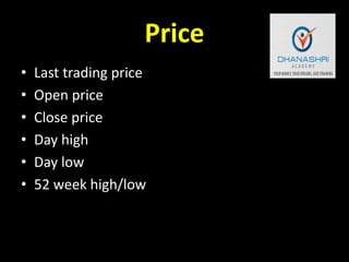 Price
• Last trading price
• Open price
• Close price
• Day high
• Day low
• 52 week high/low
 