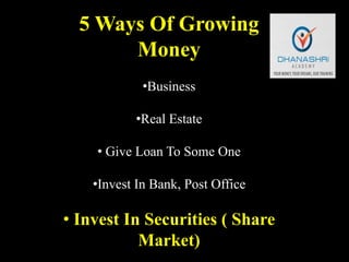 5 Ways Of Growing
Money
•Business
•Real Estate
• Give Loan To Some One
•Invest In Bank, Post Office
• Invest In Securities ( Share
Market)
 
